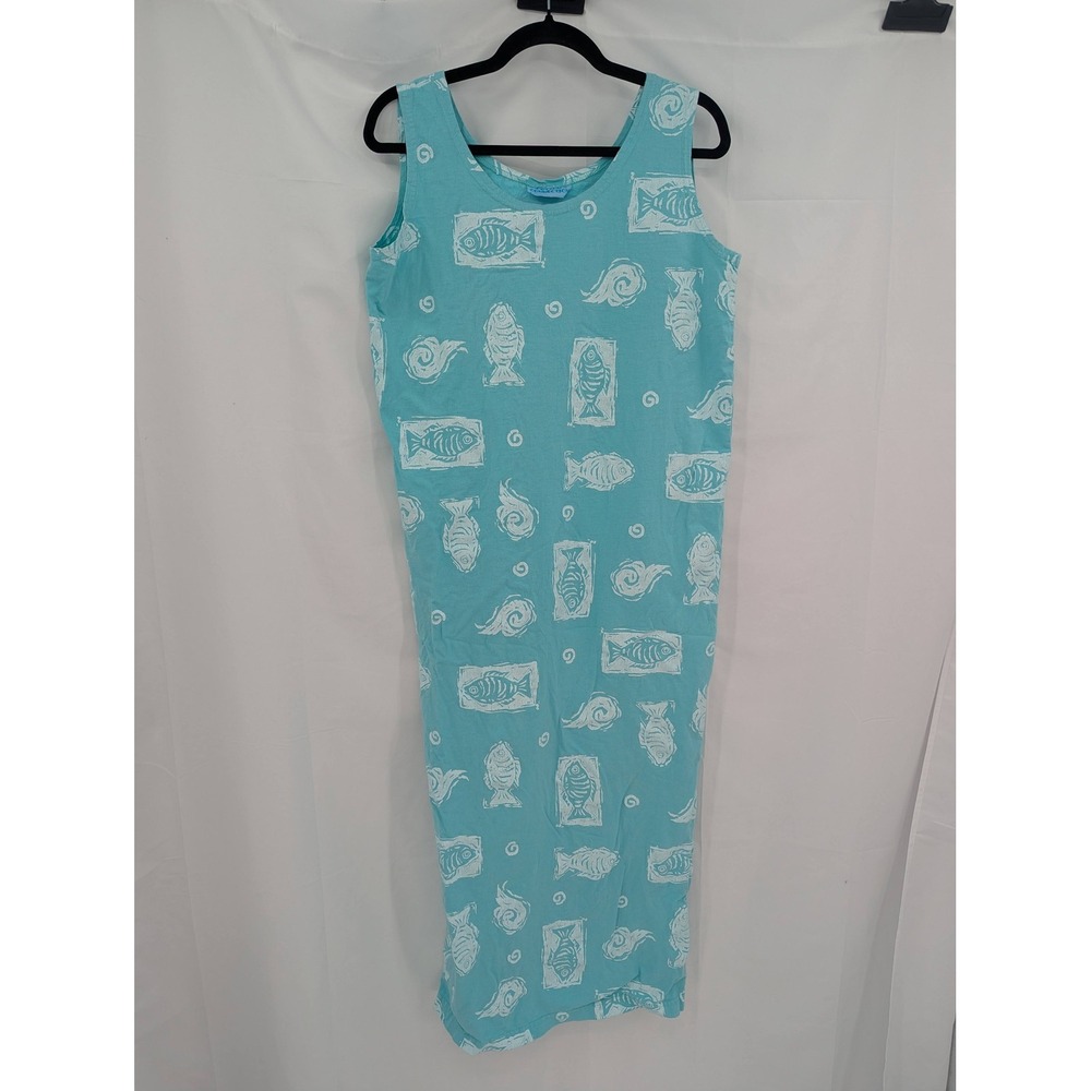 Cotton Connection Womens Teal Blue Fish Print Cotton Maxi Tank Dress Side Slit‎